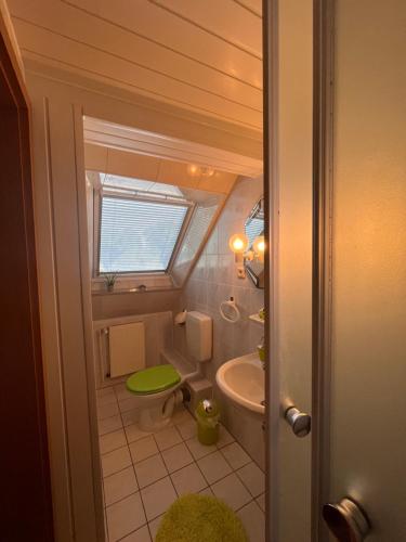 a small bathroom with a toilet and a sink at Pension 1 Ferienhof Hanstorf in Satow