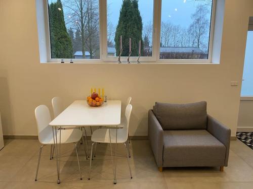 a dining room with a table and a chair at Small Rica house in the center in Billund in Billund