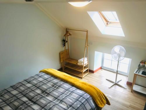 1 dormitorio con cama, espejo y ventilador en Pisgah Guesthouse, en Blaenau Ffestiniog