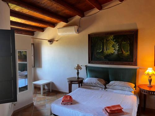 アグリジェントにあるB&B La Casetta degli Aranciのベッドルーム1室(ベッド1台付)が備わります。壁には絵画が飾られています。