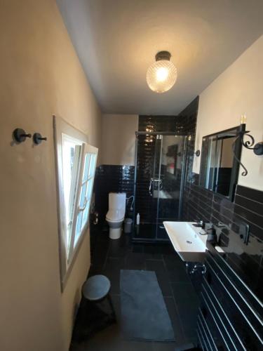 a bathroom with a sink and a shower and a toilet at Ferienhaus Fridolin in Zell an der Mosel
