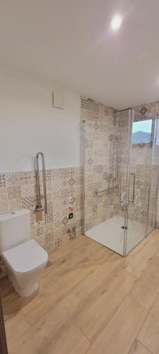 a bathroom with a toilet and a glass shower at Apartamentos Rurales Argame in Argamé
