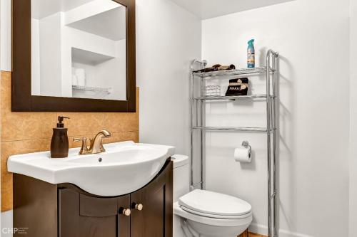 a bathroom with a sink and a toilet and a mirror at Stylish Garden-Level 2BR: Quiet Neighborhood in Chicago