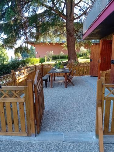 a patio with a picnic table and a tree at B&B Borgo dei Cedri in Pontecchio