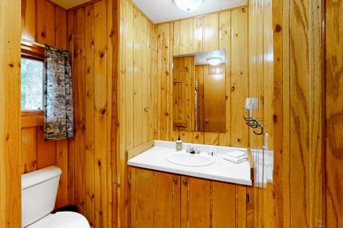 een badkamer met een wastafel, een toilet en een spiegel bij Ritter Cottage - Cabin #4 in Saint Germain