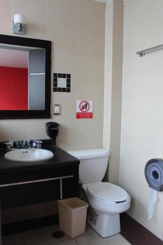 uma casa de banho com um WC, um lavatório e um espelho. em Hotel Aqueronte em Ixtapaluca