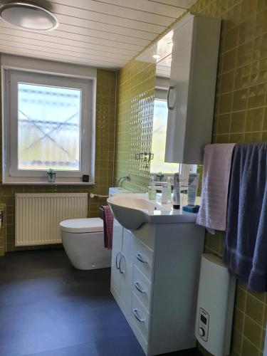 a bathroom with a sink and a toilet and a window at Ferienwohnung Paul in Losheim