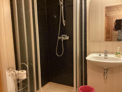 y baño con ducha y lavamanos. en Espes residens en Jordal