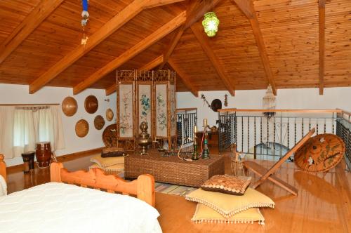 a living room with a bed and a wooden ceiling at Dimeon Villa in Kato Achaia