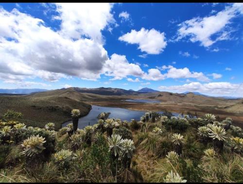 Una vista de un desierto con un lago en el medio en El Andarin Home Stay en El Ángel