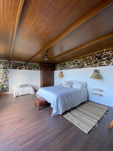 1 dormitorio con 1 cama grande y techo de madera en Casita La Enramada, en Sabinosa