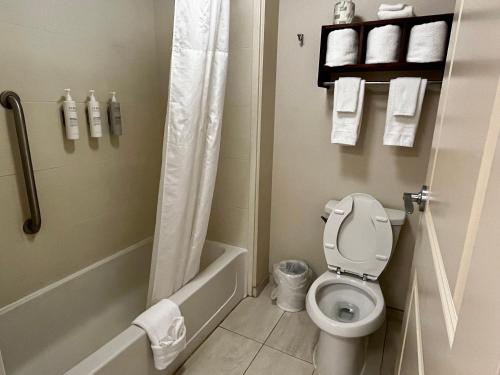 a bathroom with a toilet and a bath tub with towels at Hampton Inn Columbus/South-Fort Benning in Columbus