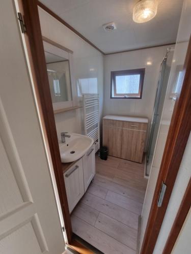 een badkamer met een wastafel, een douche en een spiegel bij Ferienwohnung direkt am Strand in Makkum in Makkum