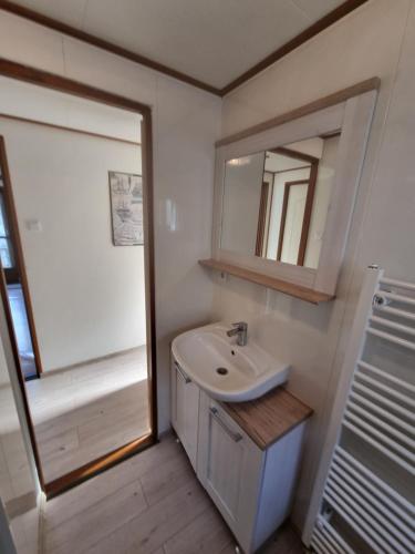 ein Badezimmer mit Waschbecken und Spiegel in der Unterkunft Chalet E 200 de Holle Poarte in Makkum in Makkum