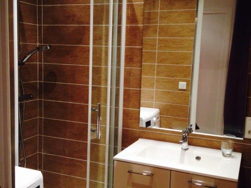 uma casa de banho com um chuveiro, um lavatório e um espelho. em Appartement Huez, 3 pièces, 6 personnes - FR-1-405-172 em Alpe-dʼHuez