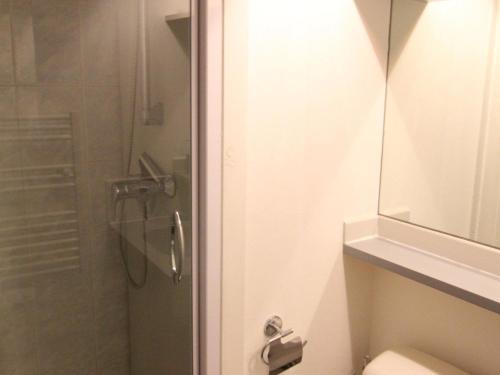 ein Bad mit einer Dusche, einem WC und einem Spiegel in der Unterkunft Appartement Huez, 2 pièces, 4 personnes - FR-1-405-173 in L'Alpe-d'Huez