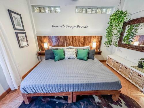 a bedroom with a bed with blue and green pillows at Casa Paloma - Zona Romantica in Puerto Vallarta