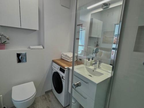 a bathroom with a washing machine and a sink at Studio Apartment Raspberry by Galeria Północna in Warsaw
