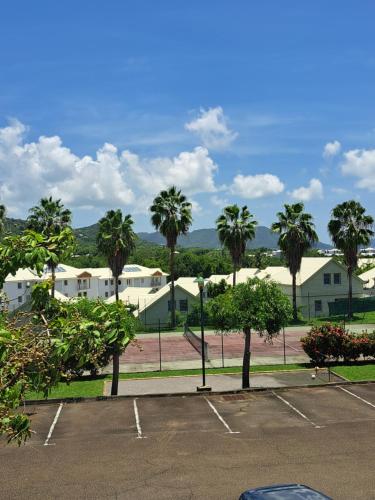 a parking lot with palm trees and buildings at Ste Luce, N° 11 Appart -300m Plage de Mabouyas in Corps de Garde
