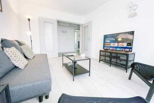 ein Wohnzimmer mit einem Sofa und einem Flachbild-TV in der Unterkunft The art of living in Grenoble #FV in Saint-Martin-dʼHères