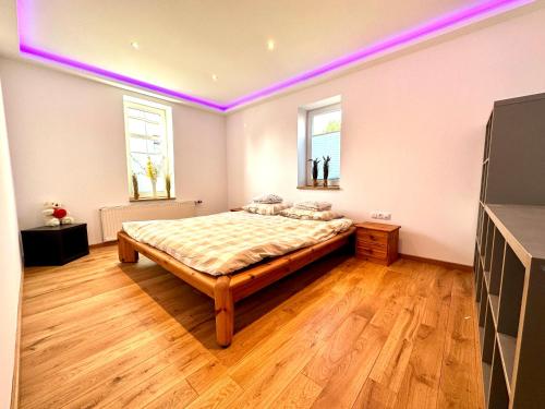 1 dormitorio con 1 cama en una habitación con luces moradas en Ferienwohnung zur Hohe Str, en Bad Langensalza