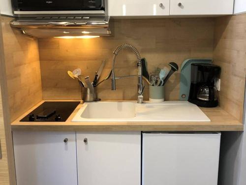 un comptoir de cuisine avec un évier et un micro-ondes dans l'établissement Studio rénové, climatisé et Wifi à Balaruc-les-Bains - FR-1-553-79, à Balaruc-les-Bains