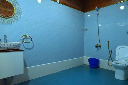 a bathroom with a toilet and a blue wall at MOHI VILLA in Pondicherry