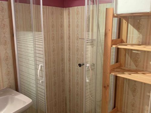 une douche avec une porte vitrée dans une salle de bain dans l'établissement Studio cosy pour 4 à L'Alpe d'Huez, balcon sud, proche pistes et commerces, animaux bienvenus - FR-1-405-197, à Huez
