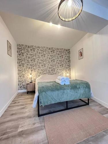 une chambre avec un lit et un lustre dans l'établissement L'Amazonite - Romans, à Romans-sur-Isère