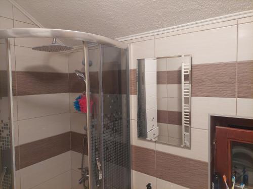a bathroom with a shower and two mirrors at Robyland in Visoko