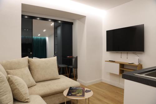 a living room with a couch and a tv on a wall at Come&Recome Tirana Apartments in Tirana