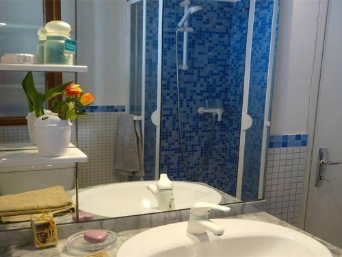 une salle de bain avec un lavabo et une douche dans l'établissement Duplex à Luchon, 2 chambres, 4 pers, proche thermes et téléphérique, animaux admis - FR-1-313-190, à Luchon