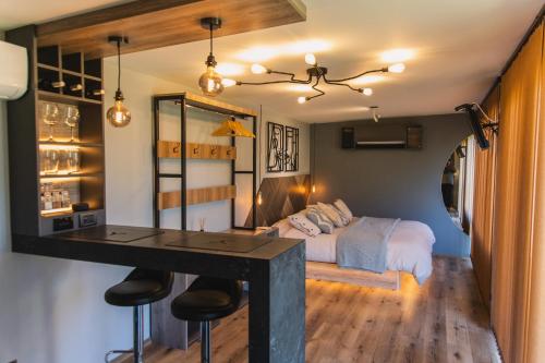 a bedroom with a bed and a desk in a room at Tiny House in Mendoza