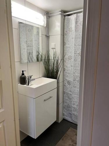 Baño blanco con lavabo y espejo en Källarlägenhet Örgryte en Gotemburgo