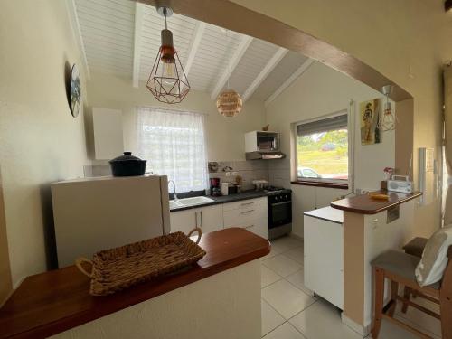 a kitchen with a refrigerator and a table in it at Bambou - Gîte du moulin in Petit-Canal