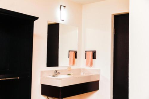un baño con lavabo y espejo en Maxihotel Business Class Culiacan, en Culiacán