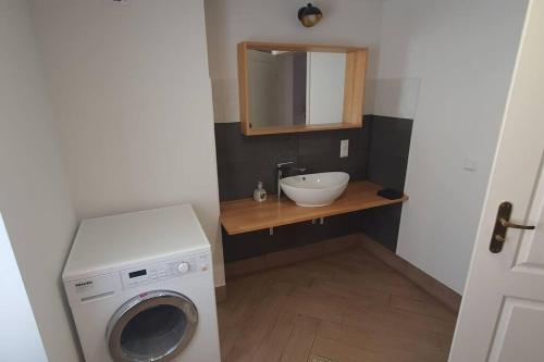 a bathroom with a washing machine and a sink at Apartment Doppelhorst in Oberndorf in Oberndorf