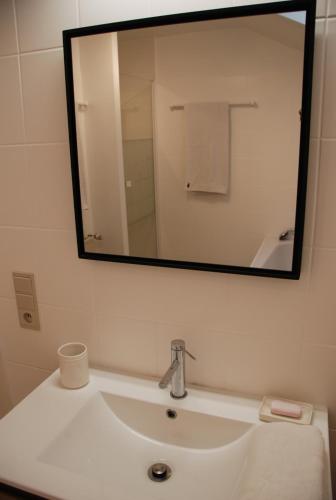 a bathroom sink with a large mirror above it at The Little House in Beersel