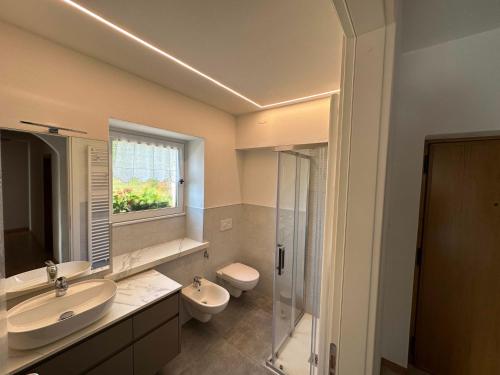 La salle de bains est pourvue d'un lavabo, de toilettes et d'un miroir. dans l'établissement Pippi Home, à Castello-Molina di Fiemme