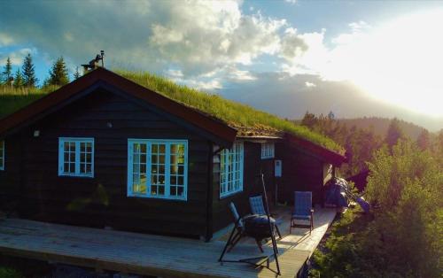 a small house with a grass roof with a deck at Middagslia - cabin at Skrim with amazing view in Omholt