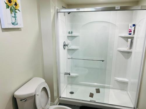 a white bathroom with a shower and a toilet at Cozy 1 BR basement apartment with Free Street Parking & Separate Entrance in Milton