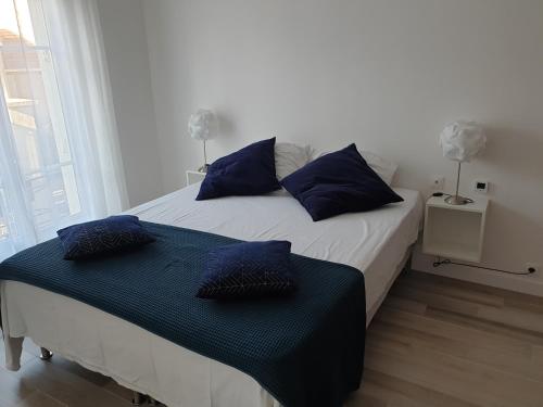 - une chambre avec un lit doté d'oreillers bleus dans l'établissement cosy appartment - Clamart Percy Paris, à Clamart