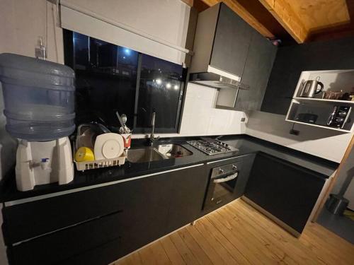 a kitchen with a sink and a counter top at Cabaña Maitencillo frente al mar in Maitencillo