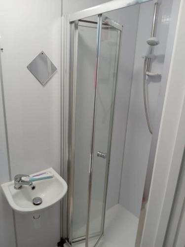 uma casa de banho com uma cabina de duche em vidro e um lavatório. em Studio apartment em Londres