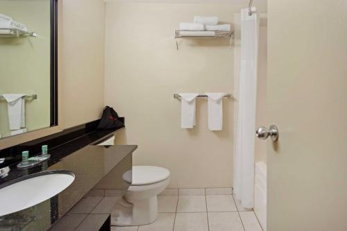 Un baño con inodoro, lavabo y espejo. en Best Western High Road Inn, en Edson