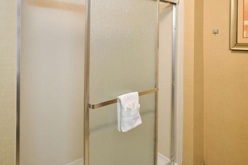 - une porte de douche en verre avec une serviette blanche dans l'établissement Hampton Inn Williamsburg, à Williamsburg