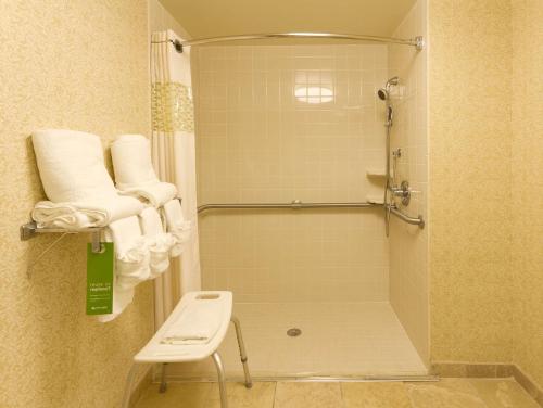 La salle de bains est pourvue d'une douche, de toilettes et de serviettes. dans l'établissement Hampton Inn Saint Augustine Beach, à Saint Augustine Beach