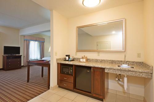 een hotelkamer met een wastafel en een spiegel bij Hampton Inn Gainesville-Haymarket in Gainesville