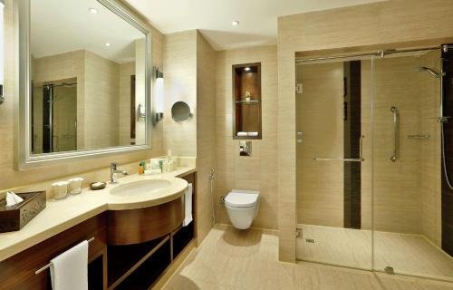uma casa de banho com um WC, um lavatório e um chuveiro em Hilton Alexandria King's Ranch Hotel em Alexandria
