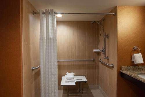 a bathroom with a shower curtain and a sink at DoubleTree by Hilton Hotel Cleveland Downtown - Lakeside in Cleveland